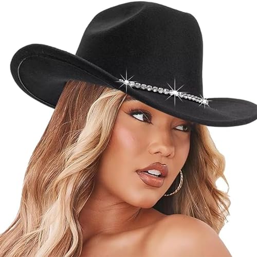 Women Sparkly-Rhinestone Western-Cowgirl-Hat Glitter-Bling Cowboy-Hat Felt-Rodeo-Hat for Disco-Party Medium/Large