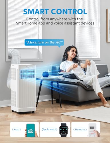 Midea 10,000 BTU ASHRAE (7,100 BTU SACC) Portable Air Conditioner Smart Control, Cools up to 300 Sq. Ft., with Dehumidifier & Fan mode, Easy- to-use Remote Control & Window Installation Kit Included