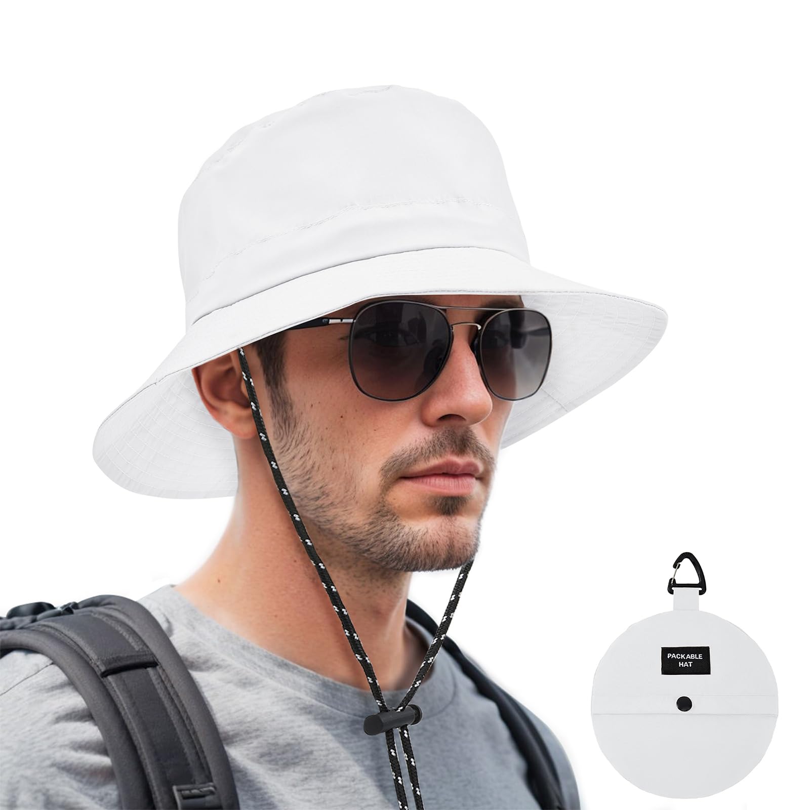 White Bucket Hat Men Sun Hat Golf Bucket Hat with Strings Summer Beach Hiking Fishing Hat for Men White Hat with Brim