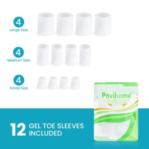 Povihome Toe Sleeves, Toe Protectors, 12 Pack Toe Tube Pads for Hammer Toe,Stubbed Toe,Corns, Calluses Protect (3 Different Sizes, White)