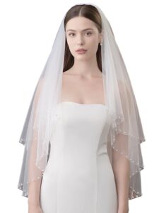 yaeism pearl edge wedding veil 2 tier beaded bridal veils fingertip length white veil double layer pearl veil with comb gorgeous bachelorette veil for bride