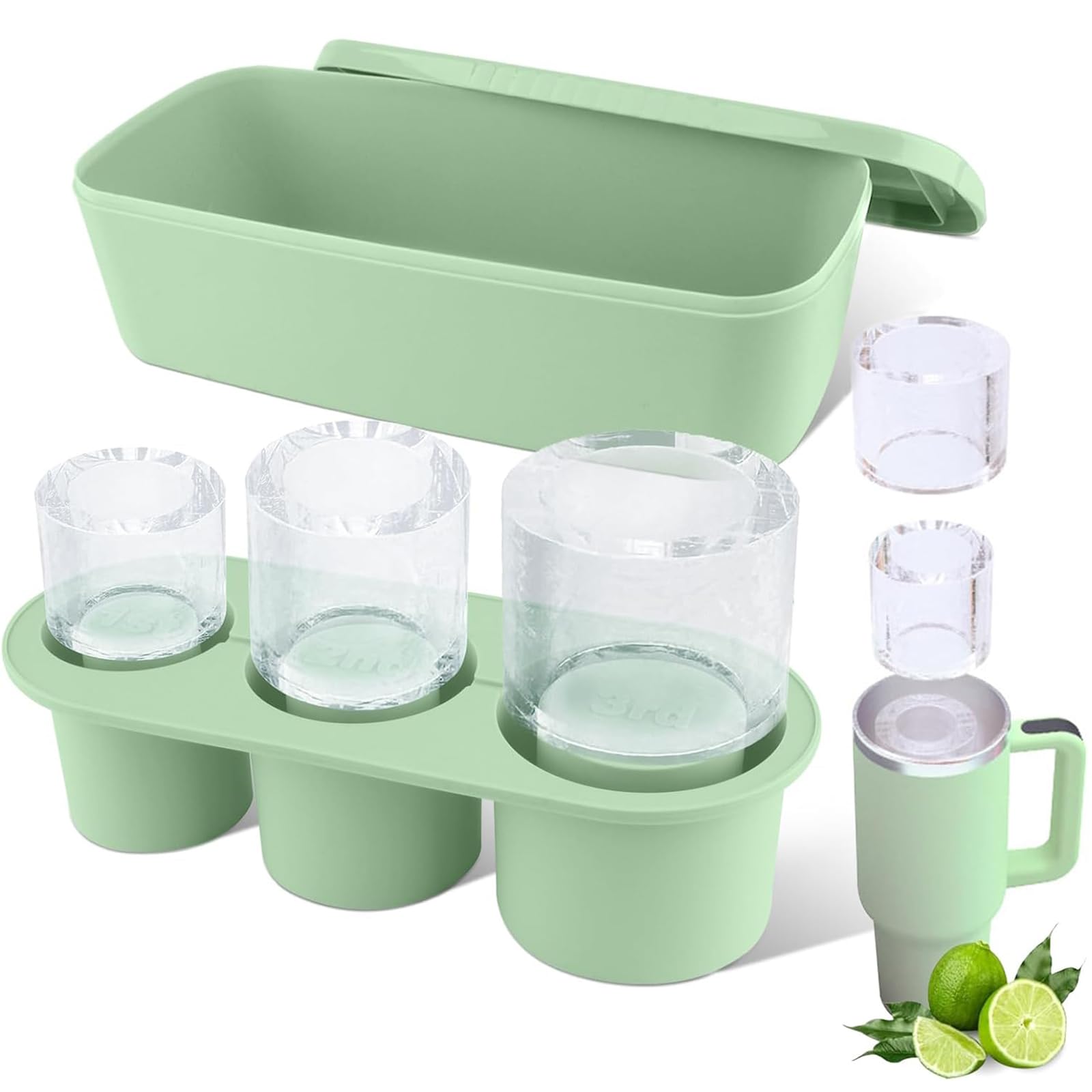 Tcamp Ice Cube Tray for Stanley Cup 30-40 oz Tumbler Cup Ice Mold, Silicone Ice Tray With Lid and Bin for Chilling Cocktails, Whiskey, Drinks, Coffee, Easy Fill and Release Ice Maker (Green)