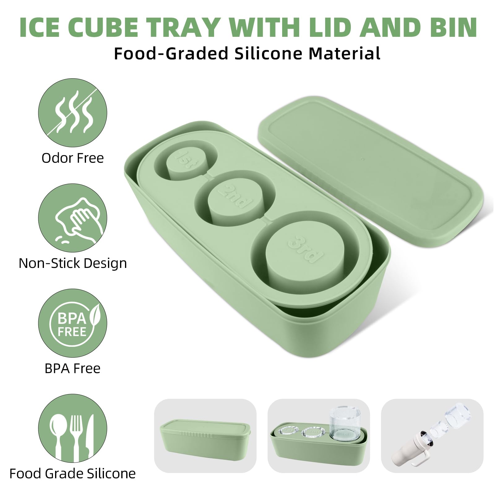 Tcamp Ice Cube Tray for Stanley Cup 30-40 oz Tumbler Cup Ice Mold, Silicone Ice Tray With Lid and Bin for Chilling Cocktails, Whiskey, Drinks, Coffee, Easy Fill and Release Ice Maker (Green)