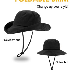 Waterproof Bucket Hats for Women Men Foldable Brim UPF 50+ Floppy Cowboy Rain Hat UV Protection Boonie Sun Hats for Hiking Black