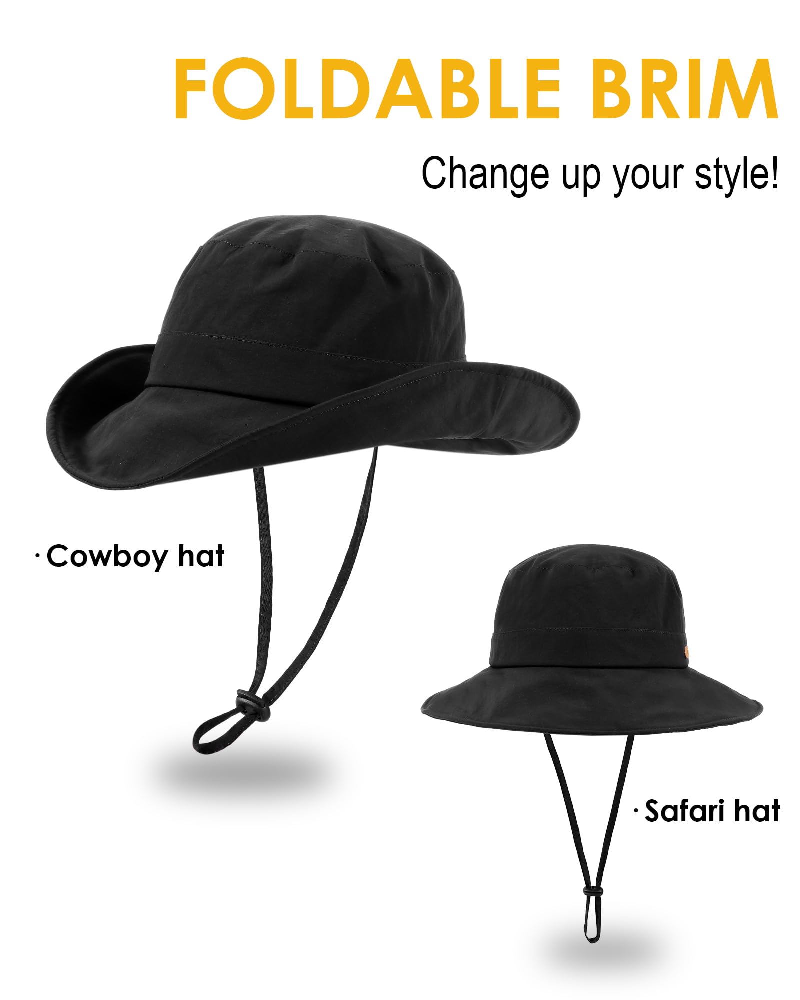 Waterproof Bucket Hats for Women Men Foldable Brim UPF 50+ Floppy Cowboy Rain Hat UV Protection Boonie Sun Hats for Hiking Black