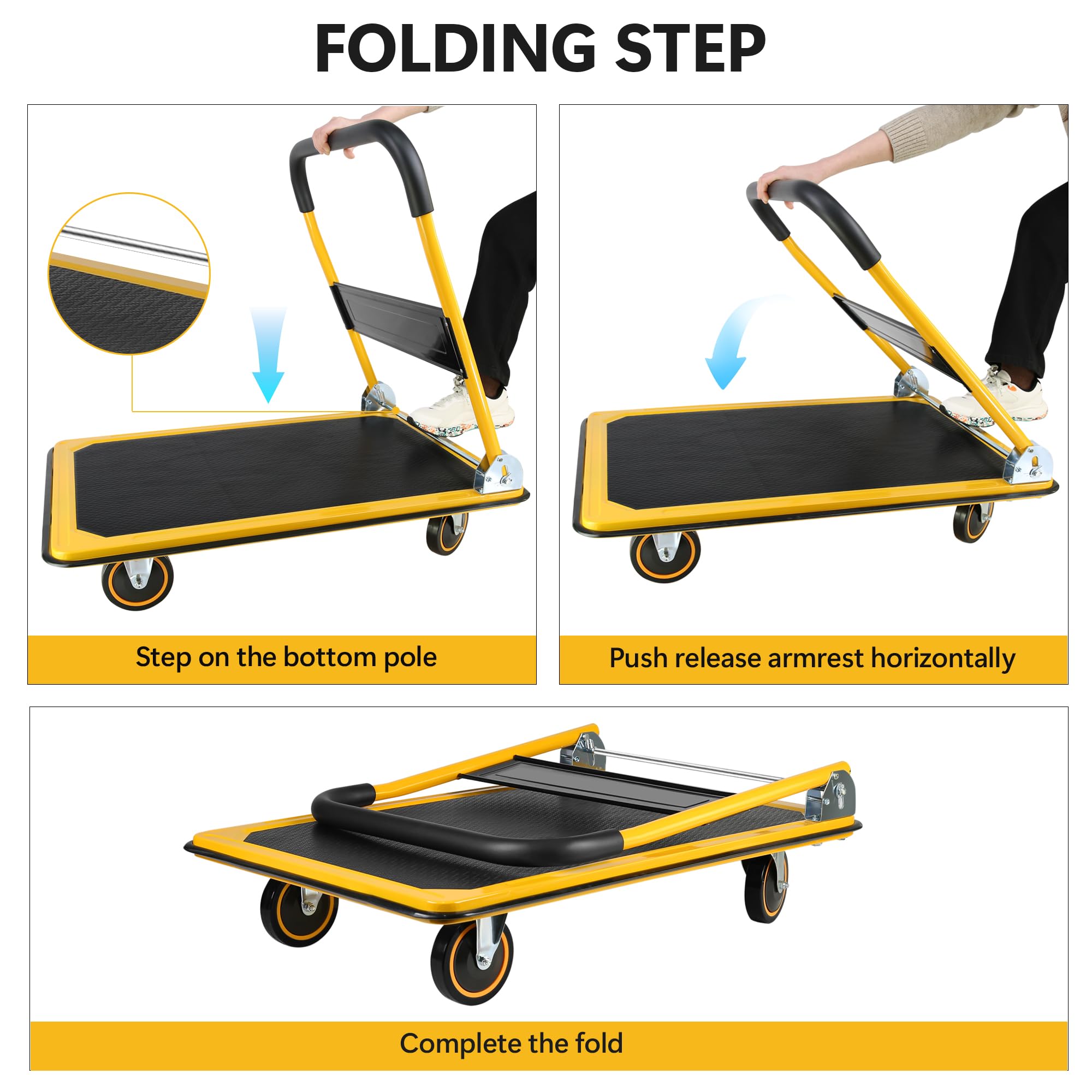 Platform Truck Hand Truck Large Size Foldable Dolly Cart for Moving Easy Storage and 360 Degree Swivel Wheels 660lbs Weight Capacity (Yellow)