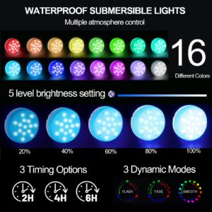 Pool Lights, Submersible LED Lights with Magnet and Suction Cups, with Remote IP68 Waterproof 16 Colors Hot Tub Underwater 15 LED Pool Lights for Above Ground Inground Pool, Bath, Party, Vase (4pack)