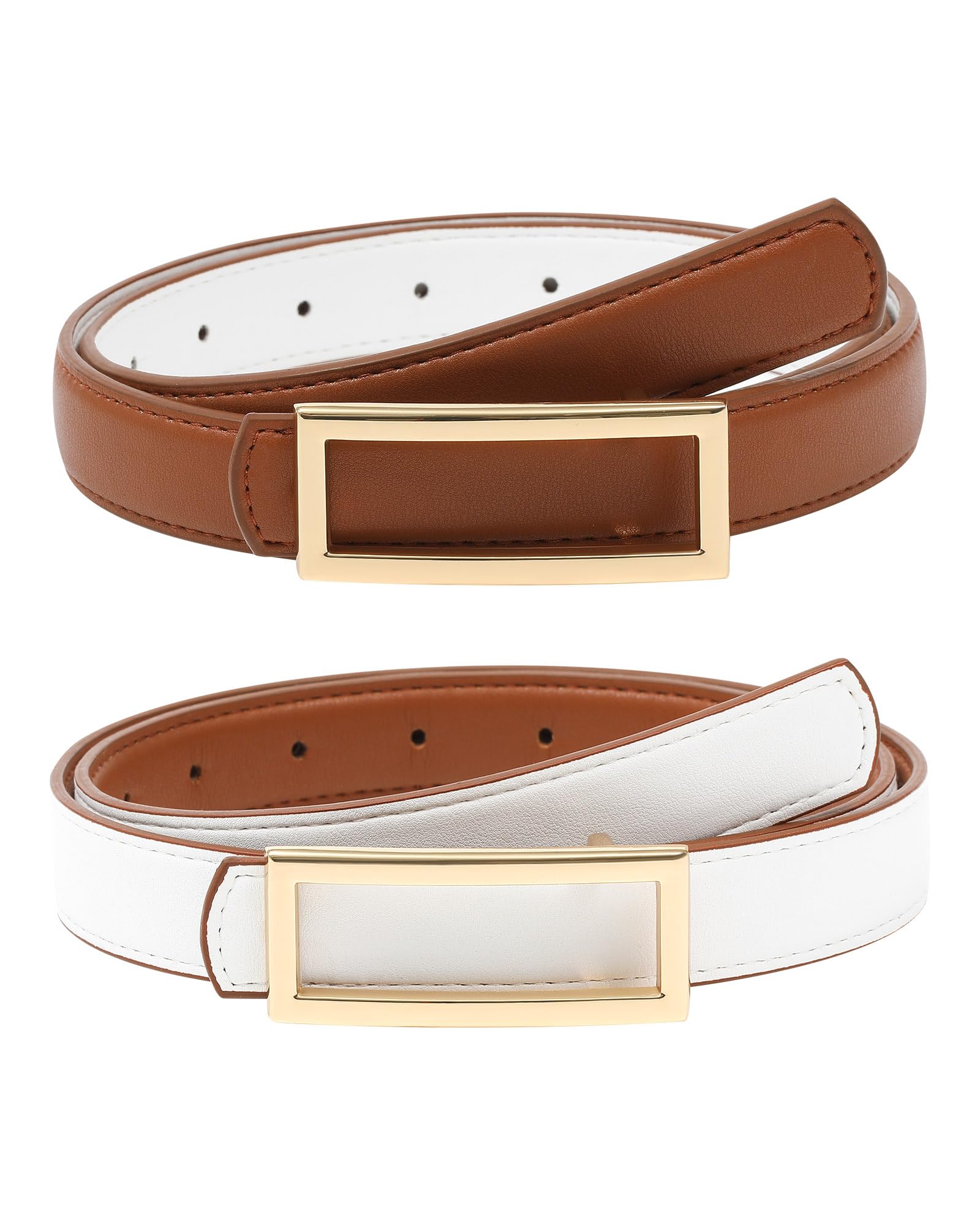 AWAYTR Women Reversible Leather Belt - Two-in-One Women Fashion Skinny Belt for Jeans with Golden Buckle (Brown/White,100cm)