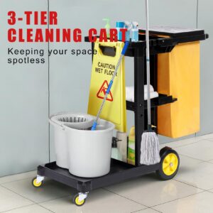 Commercial Janitorial Cleaning Cart, 3-Tier Janitorial Cart 500LBs Capacity Housekeeping Cart, Wheeled with 25 Gallon Yellow PVC Bag and Cover Lid