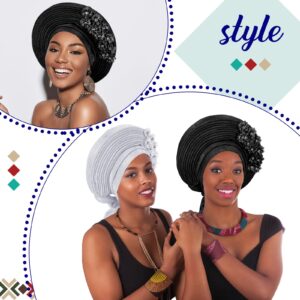 Cuffbow 2 Pcs Gele African Head Wraps Nigerian Auto Gele Headties with Stones Turbans Hats for Black Women Wedding Party (Black, White)