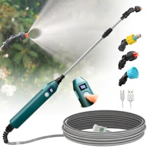 sideking battery powered sprayer wand, new upgraded 23.6inch electric sprayer telescopic wand with battery indicator, 16.4ft hose, 3 mist nozzles, rechargeable and portable spray wand for gardening