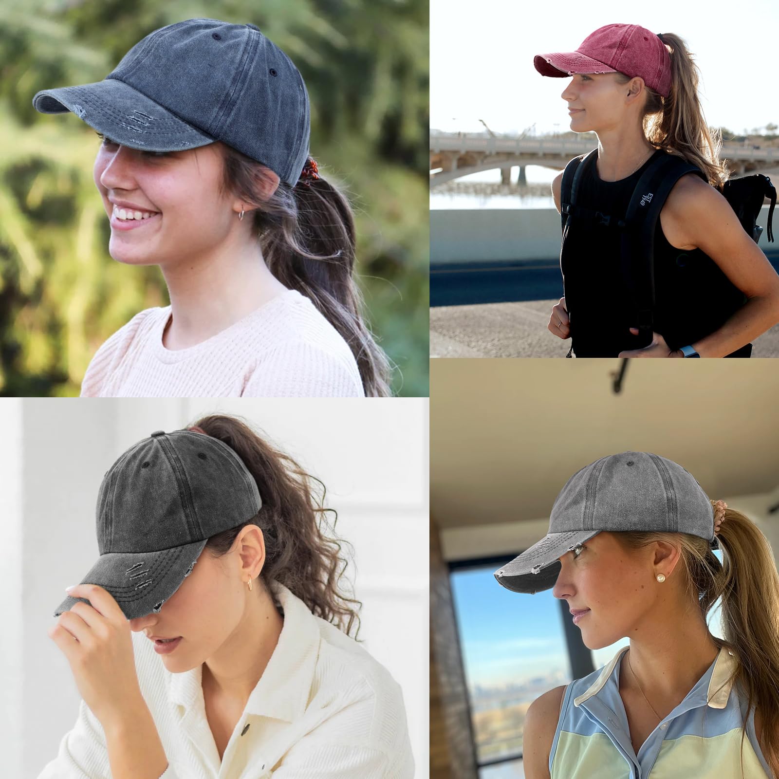 Lvaiz Hats 2 Pack Ponytail Baseball Caps for Women Cotton Distressed Washed Dad Hat Adjustable High Bun Sport Golf Hat