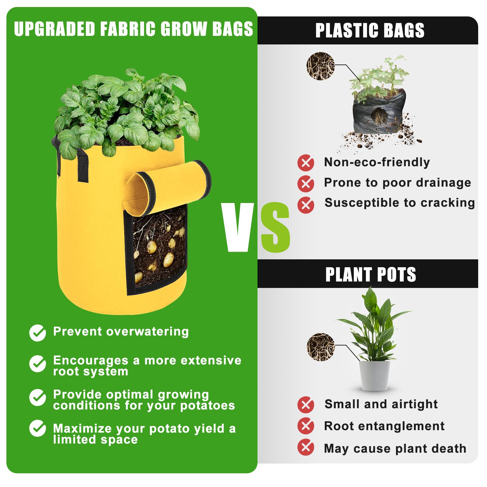 HYH 6 Pack 10 Gallon Potato Grow Bags with Flap Colorful Plant Grow Bags for Growing Potatoes Heavy Duty Thickened Nonwoven Fabric Grow Bags Pots Gardening Vegetable Growing Bags with Durable Handles