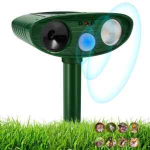 ultrasonic cat deterrent, solar powered deterrent device with motion sensor and flashing light, waterproof device for farm, garden, yard, dogs, birds, green