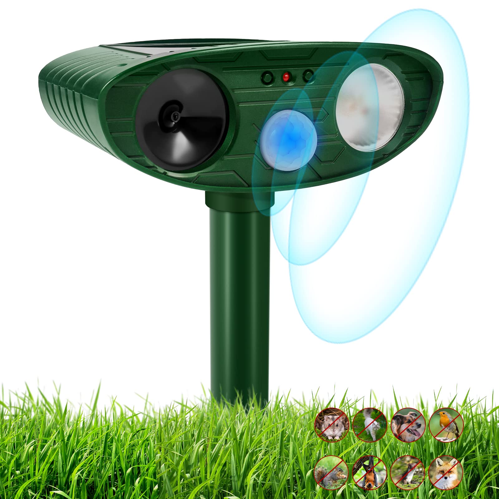 Ultrasonic Cat Deterrent, Solar Powered Deterrent Device with Motion Sensor and Flashing Light, Waterproof Device for Farm, Garden, Yard, Dogs, Birds, Green