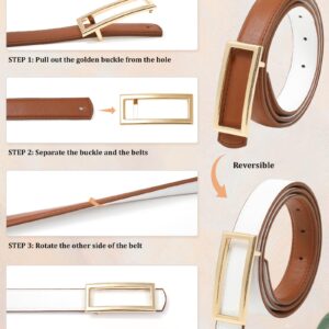 AWAYTR Women Reversible Leather Belt - Two-in-One Women Fashion Skinny Belt for Jeans with Golden Buckle (Brown/White,100cm)