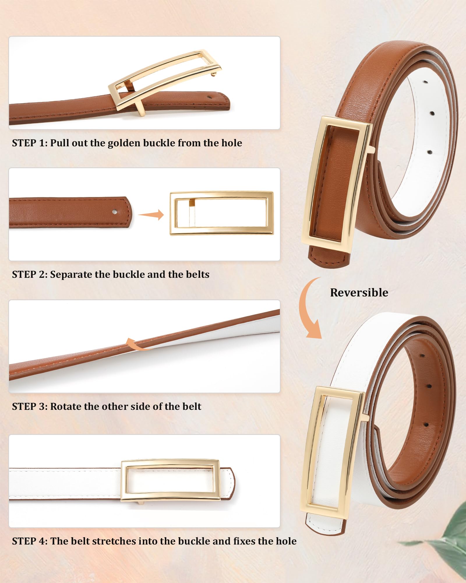 AWAYTR Women Reversible Leather Belt - Two-in-One Women Fashion Skinny Belt for Jeans with Golden Buckle (Brown/White,100cm)