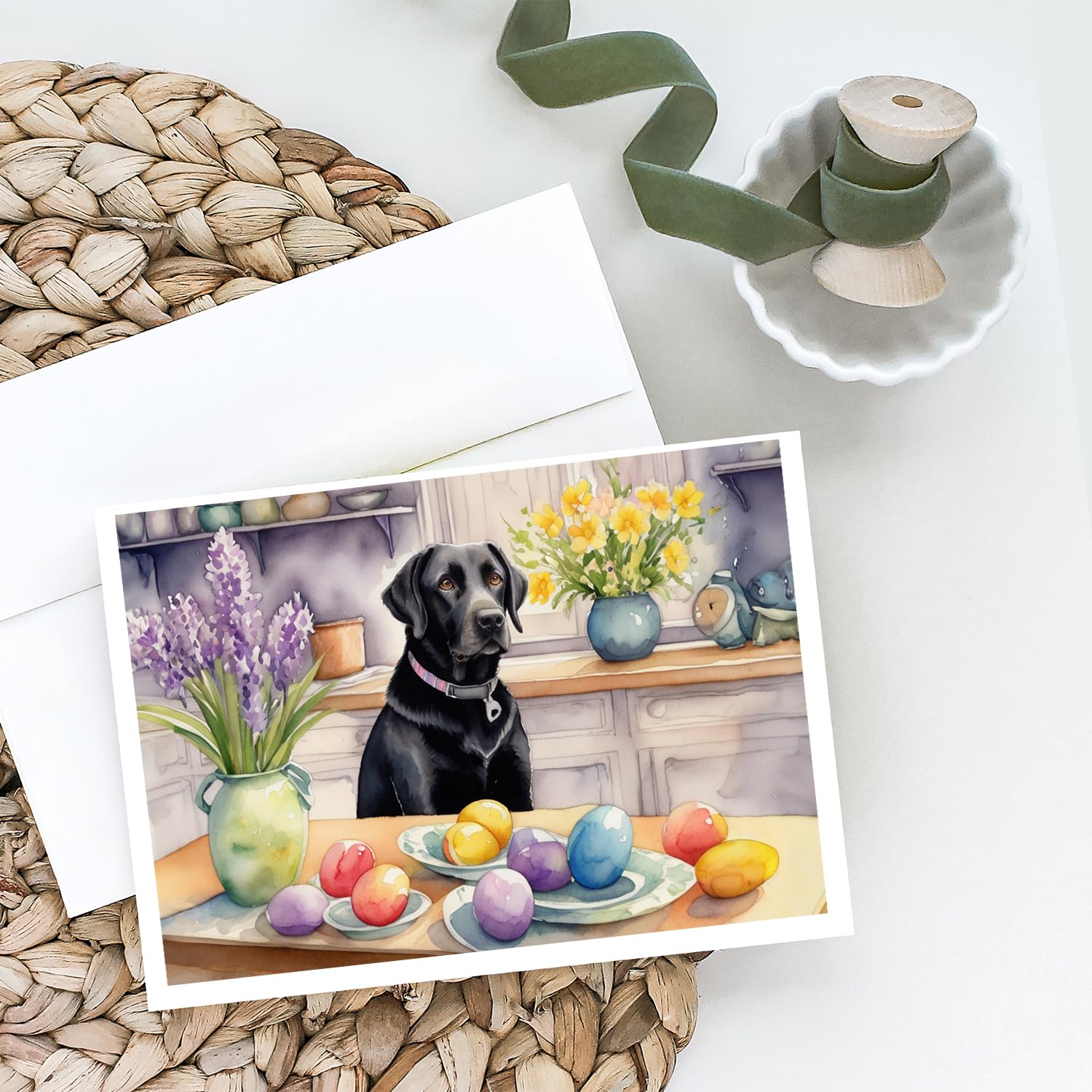 Caroline's Treasures DAC6845GCA7P Decorating Easter Black Labrador Retriever Greeting Cards Pack of 8 Blank Cards with Envelopes Whimsical A7 Size 5x7 Blank Note Cards