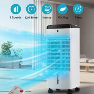 Uthfy Evaporative Air Cooler, 3 In 1 Swamp Cooler with 6 Ice Packs, Remote, 12H Timer, Portable Evaporative Cooler with 70° Oscillation, 3 Speeds, 3 Modes, Cooling Fan for Bedroom, Living Room, Office