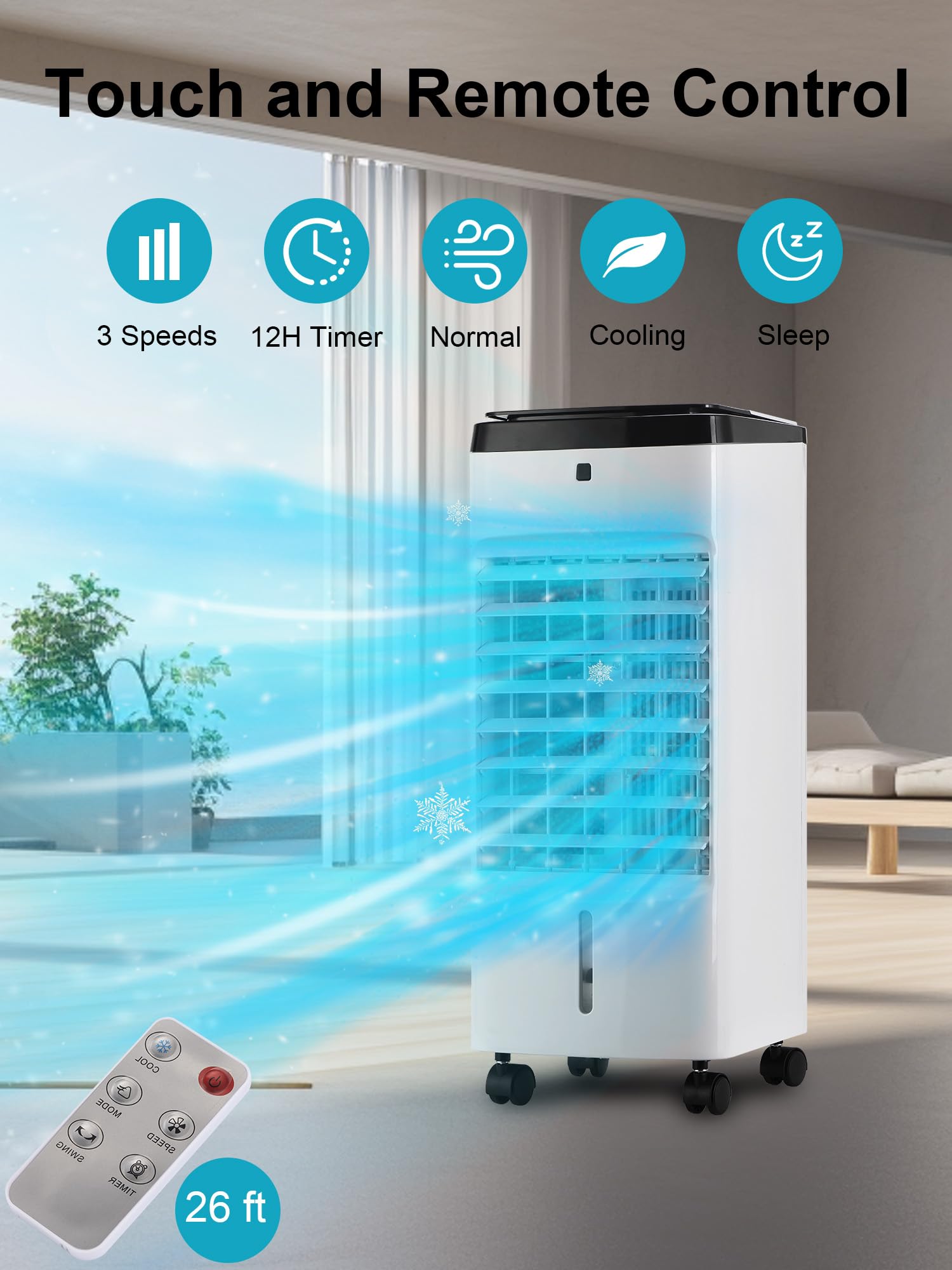 Uthfy Evaporative Air Cooler, 3 In 1 Swamp Cooler with 6 Ice Packs, Remote, 12H Timer, Portable Evaporative Cooler with 70° Oscillation, 3 Speeds, 3 Modes, Cooling Fan for Bedroom, Living Room, Office