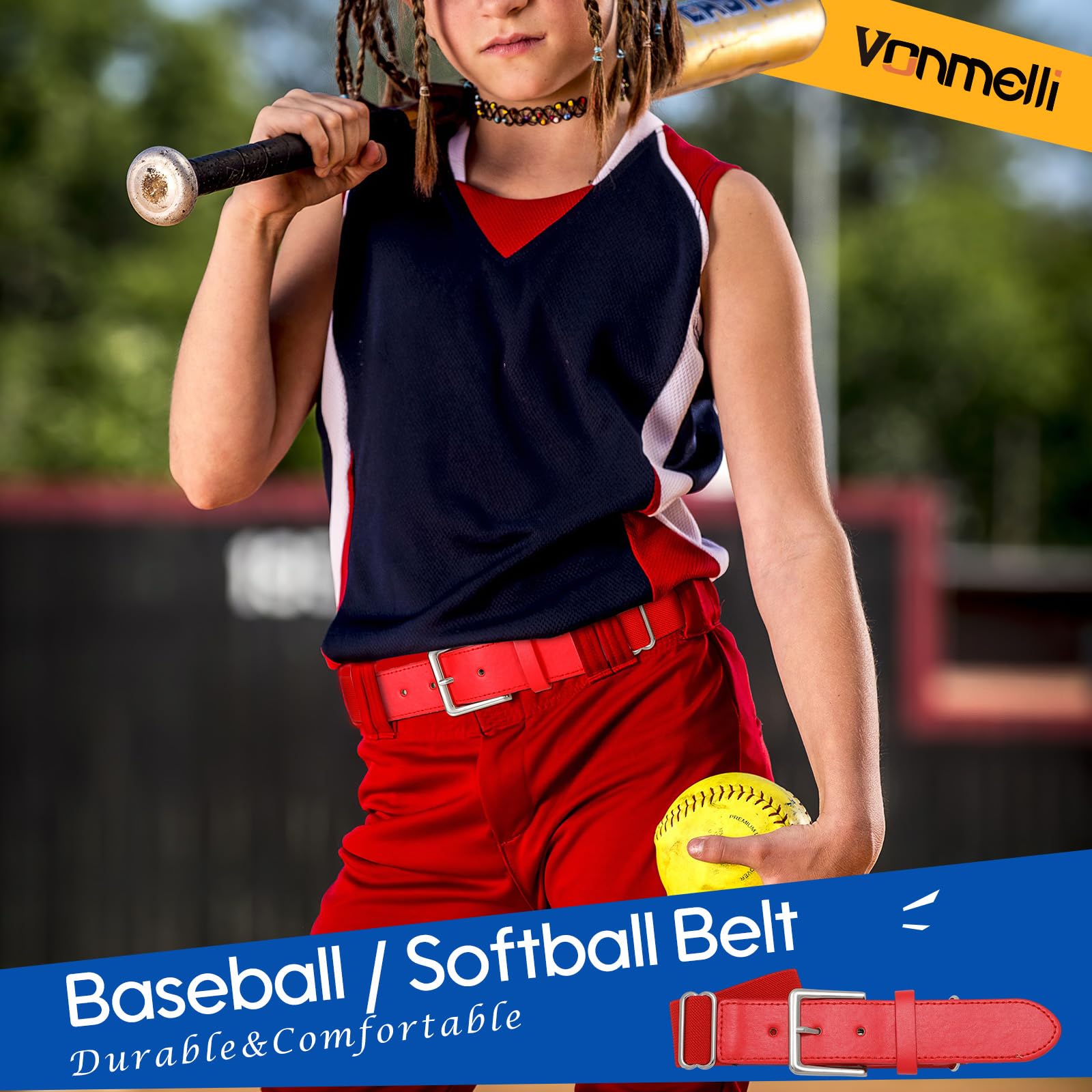 VONMELLI Baseball Belt Softball Belt Adjustable, Adult Baseball Uniform Belt Elastic for Men and Women Red