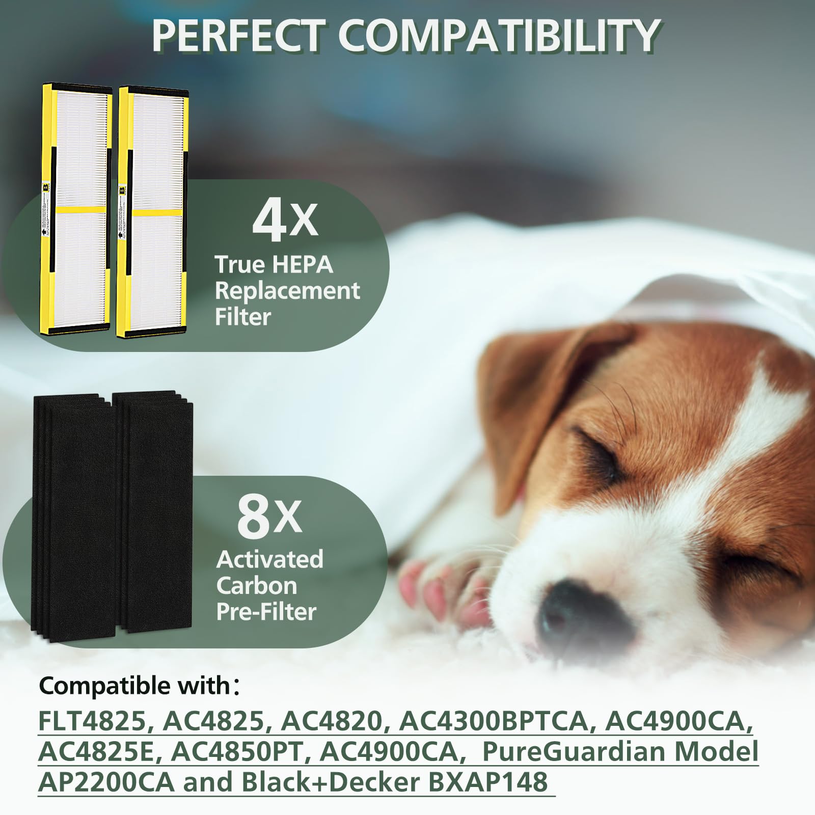 FLT4825 HEPA Filter B Replacement - Compatible with Guardian Air Purifier AC4825 AC4300 AC4800 AC4900 AC4850, 4 Pack Pet-Friendly HEPA with 6 Pre-Filters for Homes, Offices, and Pet Owners