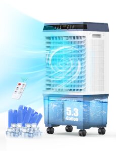 air choice evaporative air cooler, 1800cfm swamp cooler with 12h timer, 110° oscillation, remote control & 5.3 gal water tank, 3 speeds, 4 ice packs, 3-in-1 evaporative cooler for outdoor indoor use