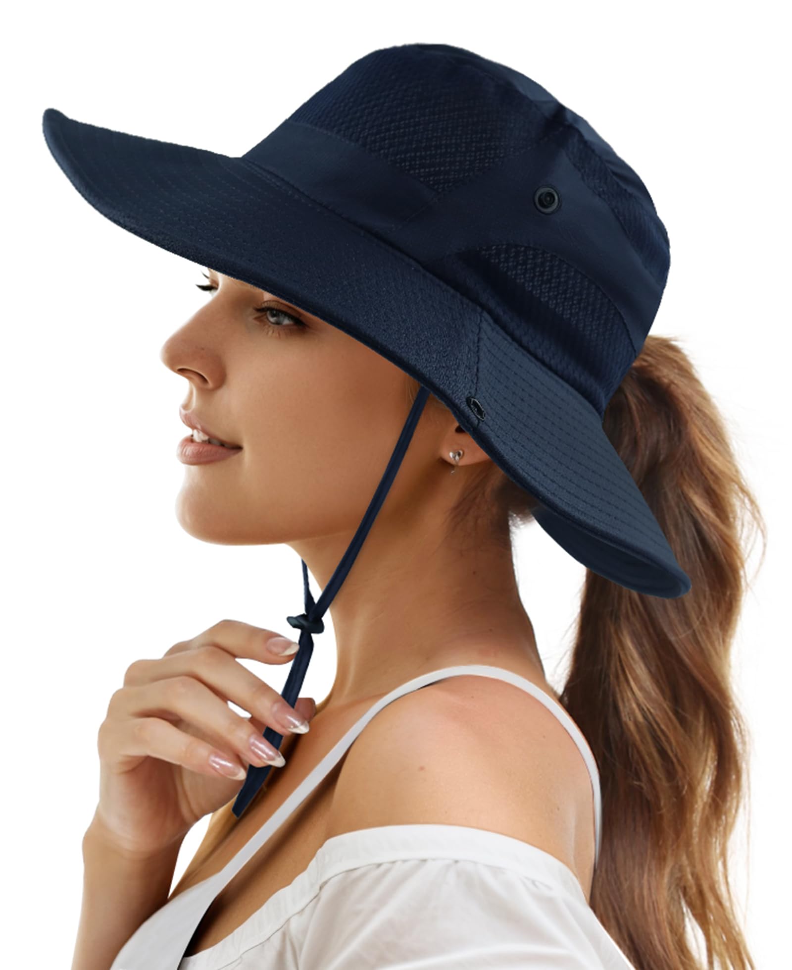 Mukeyo Womens Ponytail Sun Hat Wide Brim Mesh Bucket Hat UV UPF50 Protection Hat Foldable Summer Travel Beach Fishing Hats Navy Blue