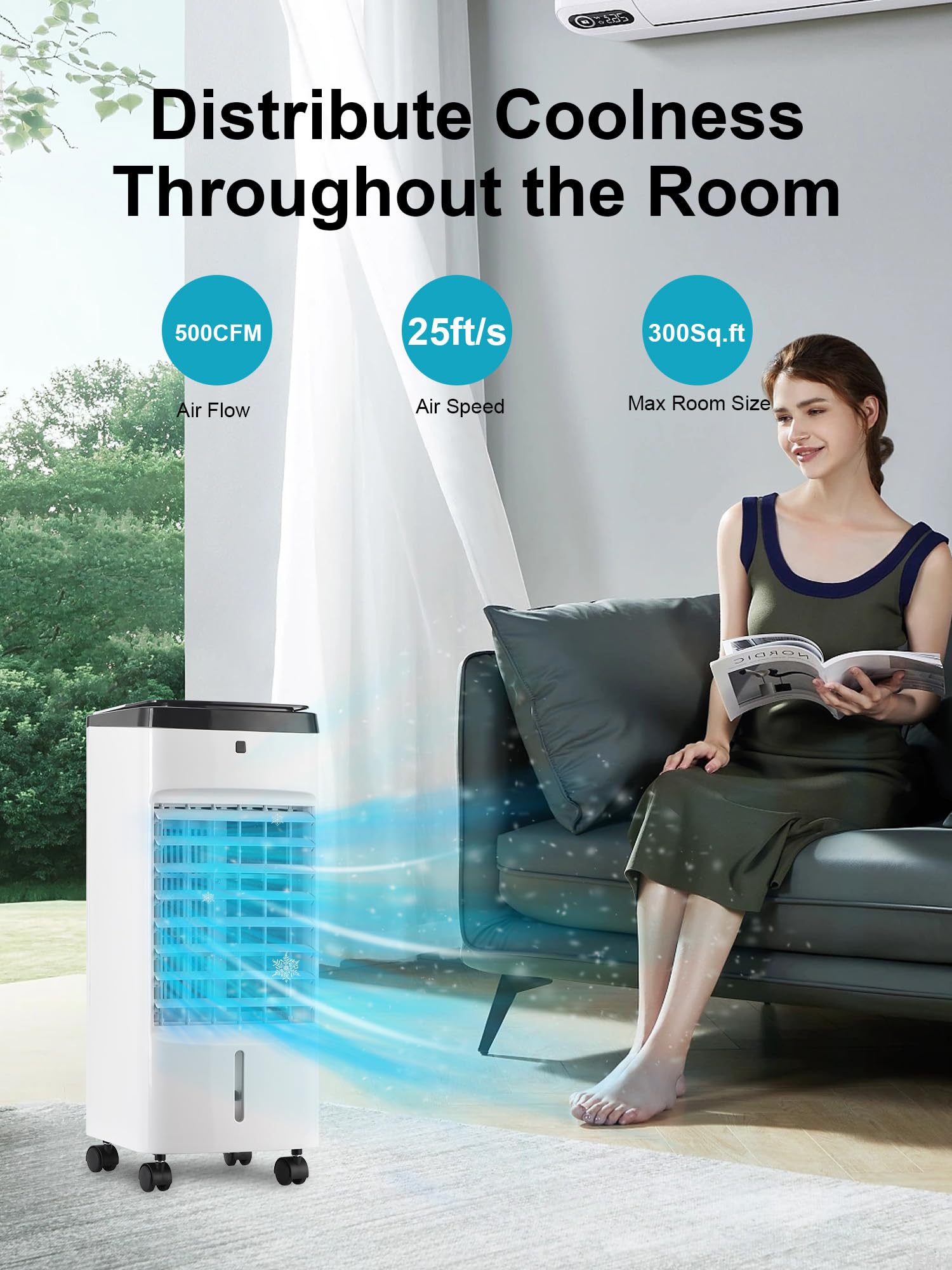 Uthfy Evaporative Air Cooler, 3 In 1 Swamp Cooler with 6 Ice Packs, Remote, 12H Timer, Portable Evaporative Cooler with 70° Oscillation, 3 Speeds, 3 Modes, Cooling Fan for Bedroom, Living Room, Office