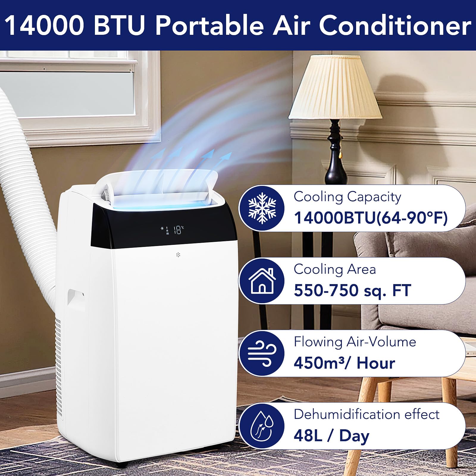 14,000 BTU Portable Air Conditioner Powerful Cooling up to 750 Sq.Ft, 3-in-1 AC Unit with Dehumidifier & Fan Mode Efficient Energy Saving, Ultra-Quiet, Remote Timer Control For Home, Office, School