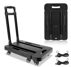 hand truck dolly, folding hand truck - dolly cart for moving 500 lb heavy duty luggage cart with 6 wheels & 2 bungee cords for luggage, travel, moving, shopping, office (black)