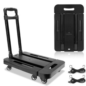 Hand Truck Dolly, Folding Hand Truck - Dolly Cart for Moving 500 LB Heavy Duty Luggage Cart with 6 Wheels & 2 Bungee Cords for Luggage, Travel, Moving, Shopping, Office (Black)