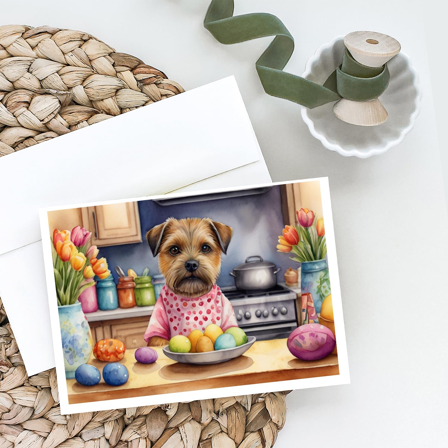 Caroline's Treasures DAC6768GCA7P Decorating Easter Border Terrier Greeting Cards Pack of 8 Blank Cards with Envelopes Whimsical A7 Size 5x7 Blank Note Cards