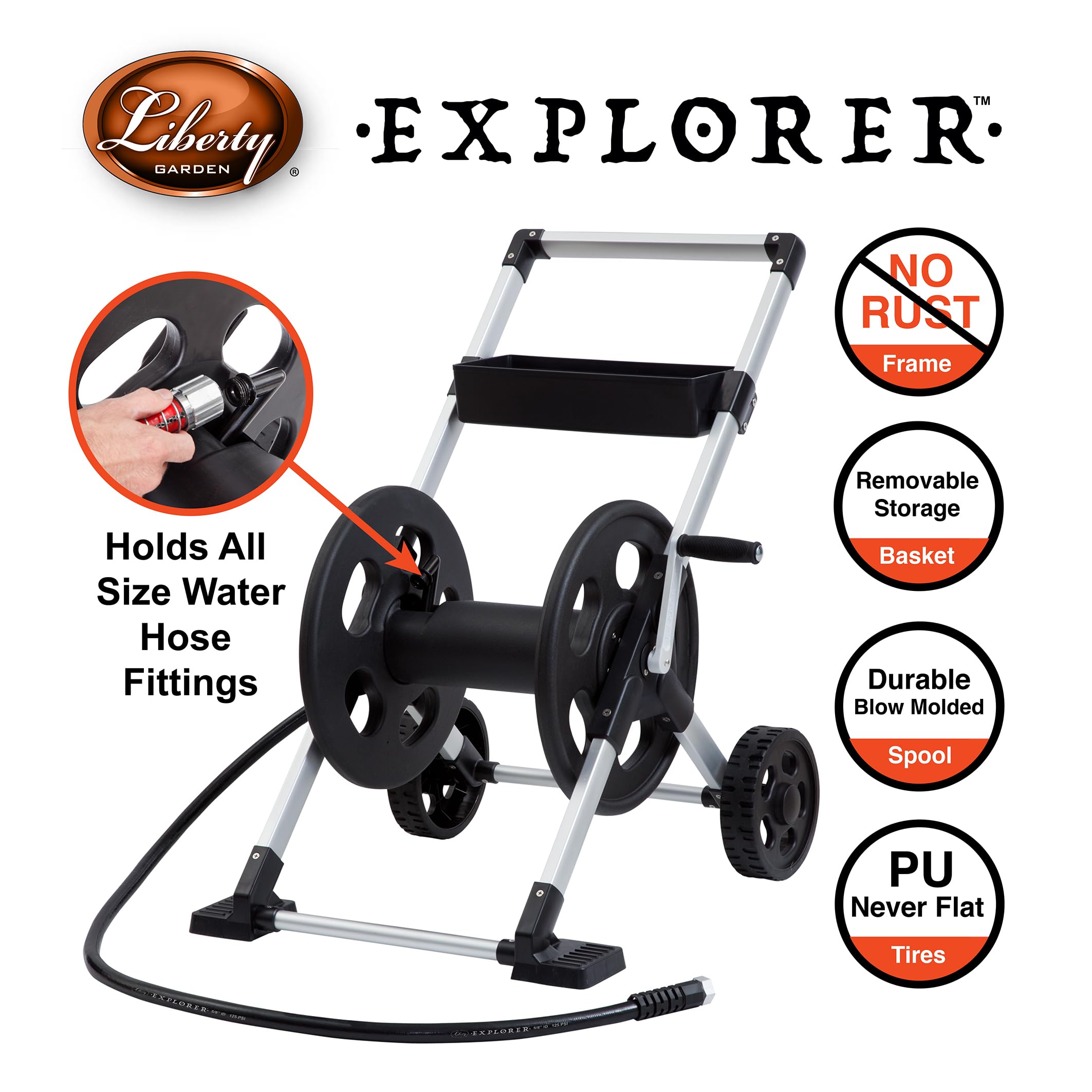 Liberty Garden 304 Explorer Two Wheel Hose Reel Cart, Aluminum, Holds 250-feet of 5/8" Hose