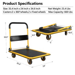 Platform Truck Hand Truck Large Size Foldable Dolly Cart for Moving Easy Storage and 360 Degree Swivel Wheels 660lbs Weight Capacity (Yellow)