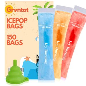 150 disposable ice popsicle mold bags (8x2") for diy natural fruit snacks, juice & smoothies, ice pops molds | bpa-free, zip seals, funnel included