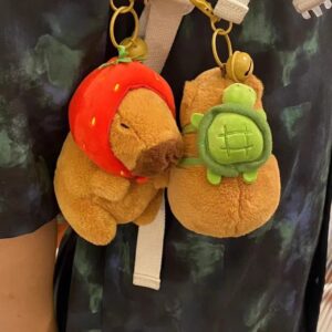 HSYHERE Men Women Interesting Funny Cute Stylish Wearing Strawberry Chicken Hat Soft Plush Capybara Keychain Key Ring, Valentine Lover Christmas New Year Gift Bag Pendant -Tortoise Bag