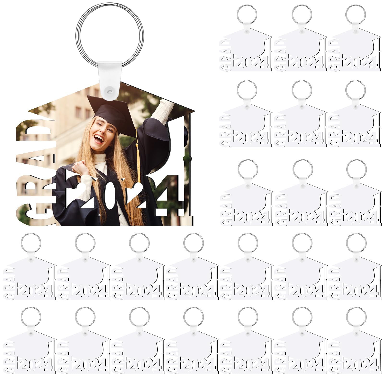 Trnayi 24 Pcs Graduation Sublimation Blanks Keychains Class of 2024 Graduation Heat Transfer Keychains DIY(Grad 2024 Style)