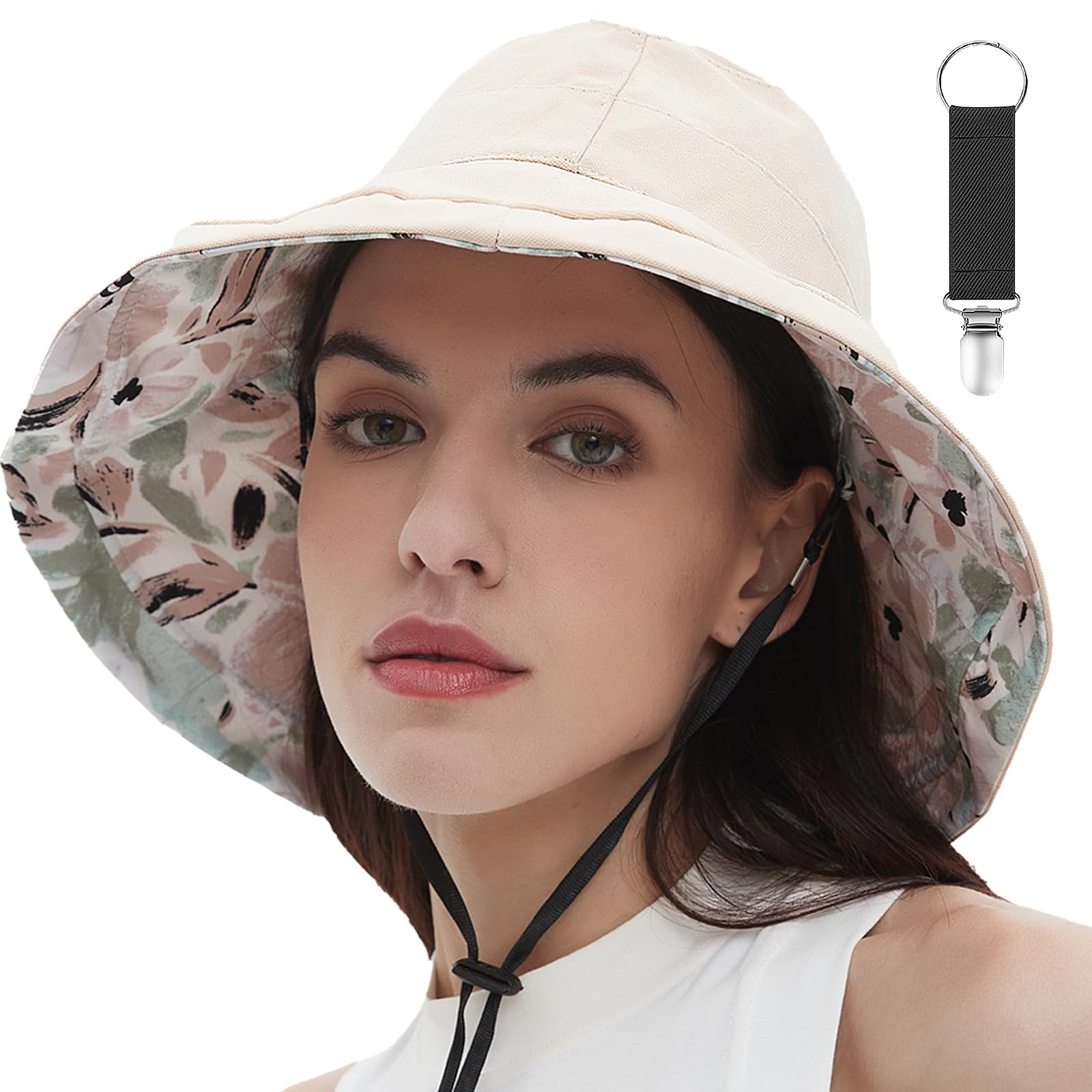 vidsel Womens Sun Hats Wide Brim Reversible Bucket Cotton Hat Packable Summer Travel Cap with Hat Clip,UV Protection Beige