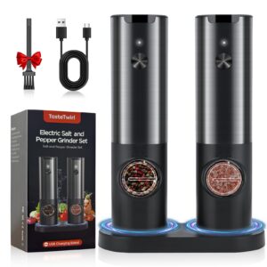 tastetwirl upgraded electric salt and pepper grinder set rechargeable, usb charging stand, automatic spice mill shakers refillable, one handed operation, adjustable coarseness, led light