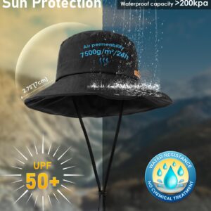 Waterproof Bucket Hats for Women Men Foldable Brim UPF 50+ Floppy Cowboy Rain Hat UV Protection Boonie Sun Hats for Hiking Black