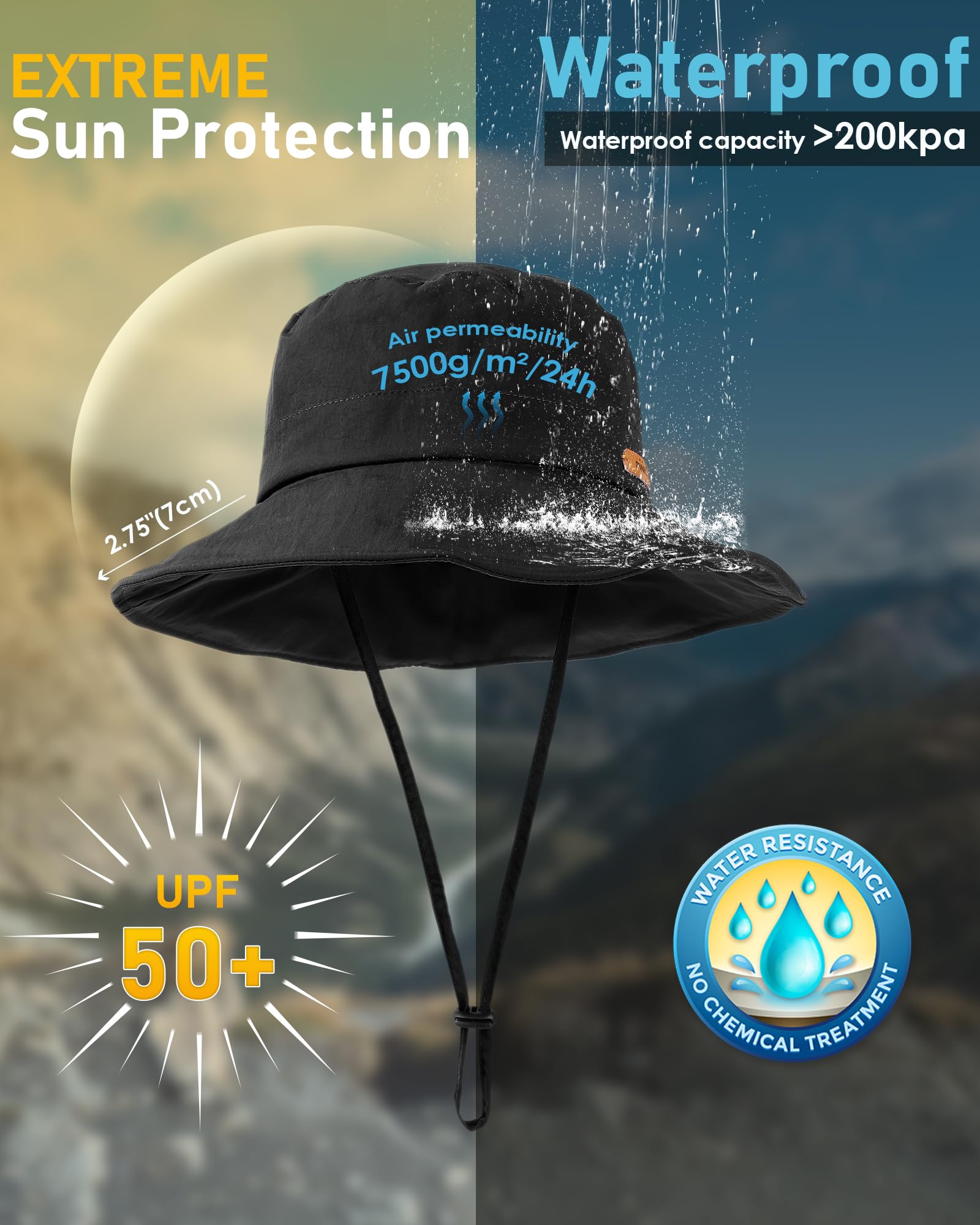 Waterproof Bucket Hats for Women Men Foldable Brim UPF 50+ Floppy Cowboy Rain Hat UV Protection Boonie Sun Hats for Hiking Black