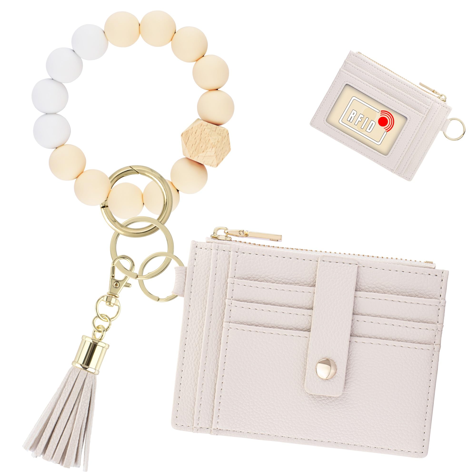 New Fashion Kingdom Keychain Wristlet Wallet for Women, Slim RFID Credit Card Holder Purse Tassel Keychain Bangle Key Ring for Women (Upgrade RFID, Beige)