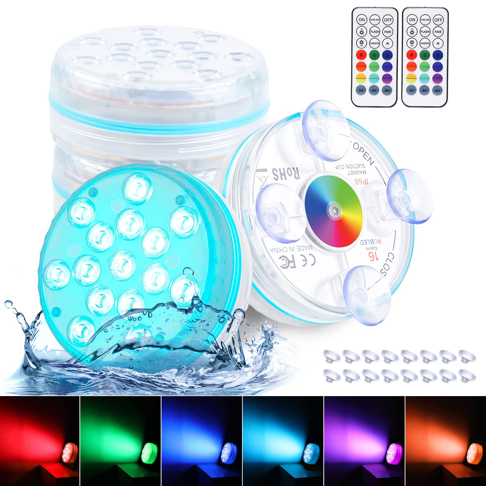 Pool Lights, Submersible LED Lights with Magnet and Suction Cups, with Remote IP68 Waterproof 16 Colors Hot Tub Underwater 15 LED Pool Lights for Above Ground Inground Pool, Bath, Party, Vase (4pack)