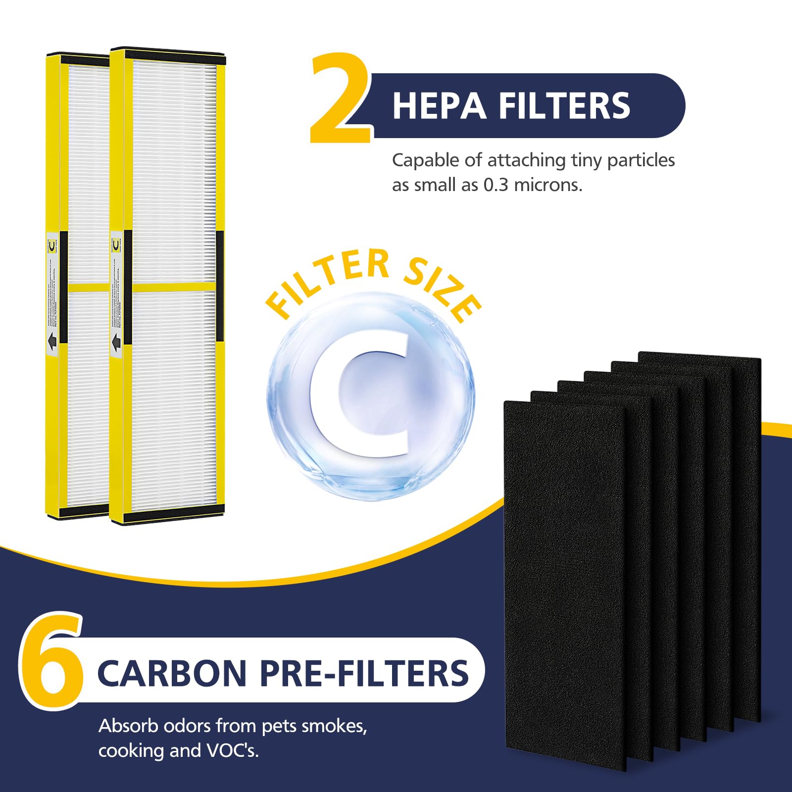 2 Pack FLT5000 True HEPA Replacement Filt-er C with 6 Pack Activated Carbon for G-Guardian AC5000 AC5000E AC5250PT AC5300B AC5350B AC5350BCA AC5350W CDAP5500