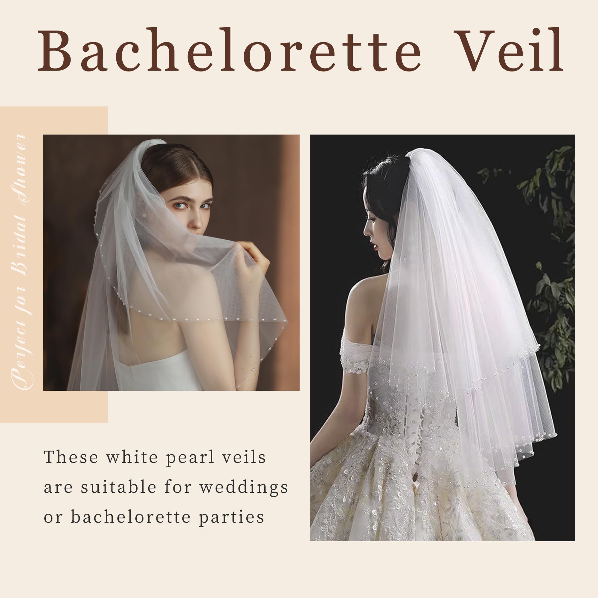 YAEISM Pearl Edge Wedding Veil 2 Tier Beaded Bridal Veils Fingertip Length White Veil Double Layer Pearl Veil with Comb Gorgeous Bachelorette Veil for Bride