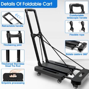 Hand Truck Dolly, Folding Hand Truck - Dolly Cart for Moving 500 LB Heavy Duty Luggage Cart with 6 Wheels & 2 Bungee Cords for Luggage, Travel, Moving, Shopping, Office (Black)