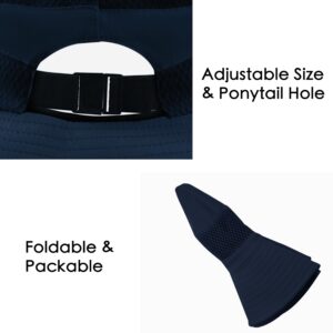 Mukeyo Womens Ponytail Sun Hat Wide Brim Mesh Bucket Hat UV UPF50 Protection Hat Foldable Summer Travel Beach Fishing Hats Navy Blue