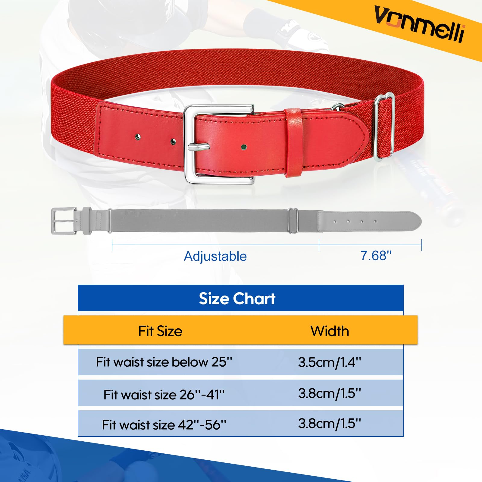 VONMELLI Baseball Belt Softball Belt Adjustable, Adult Baseball Uniform Belt Elastic for Men and Women Red