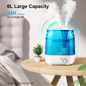 Bear Humidifiers for Bedroom Large Room, Top Fill 6L Super Powerful Cool Mist Humidifier with Dual 360° Nozzles & Oil Diffuser, Rapid Humidification, Quiet Humidifiers for Baby Nursery & Plants, 24H